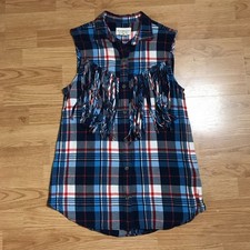 Denim Supply Ralph Lauren Sleeveless Shirt Womens S Blue Red Plaid Fringe Viscos