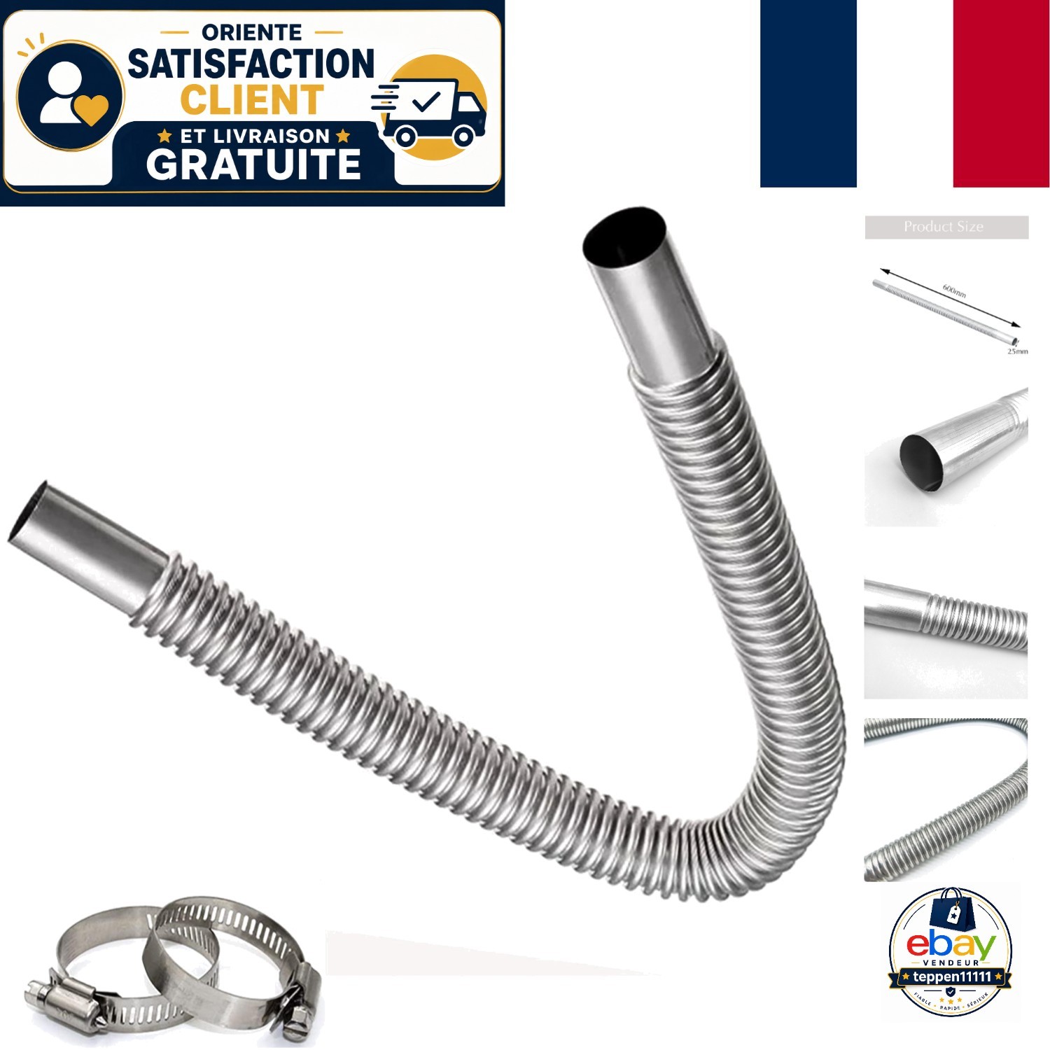Tuyau de gaz silencieux 60cm anti-vibration en acier inoxydable avec pinces