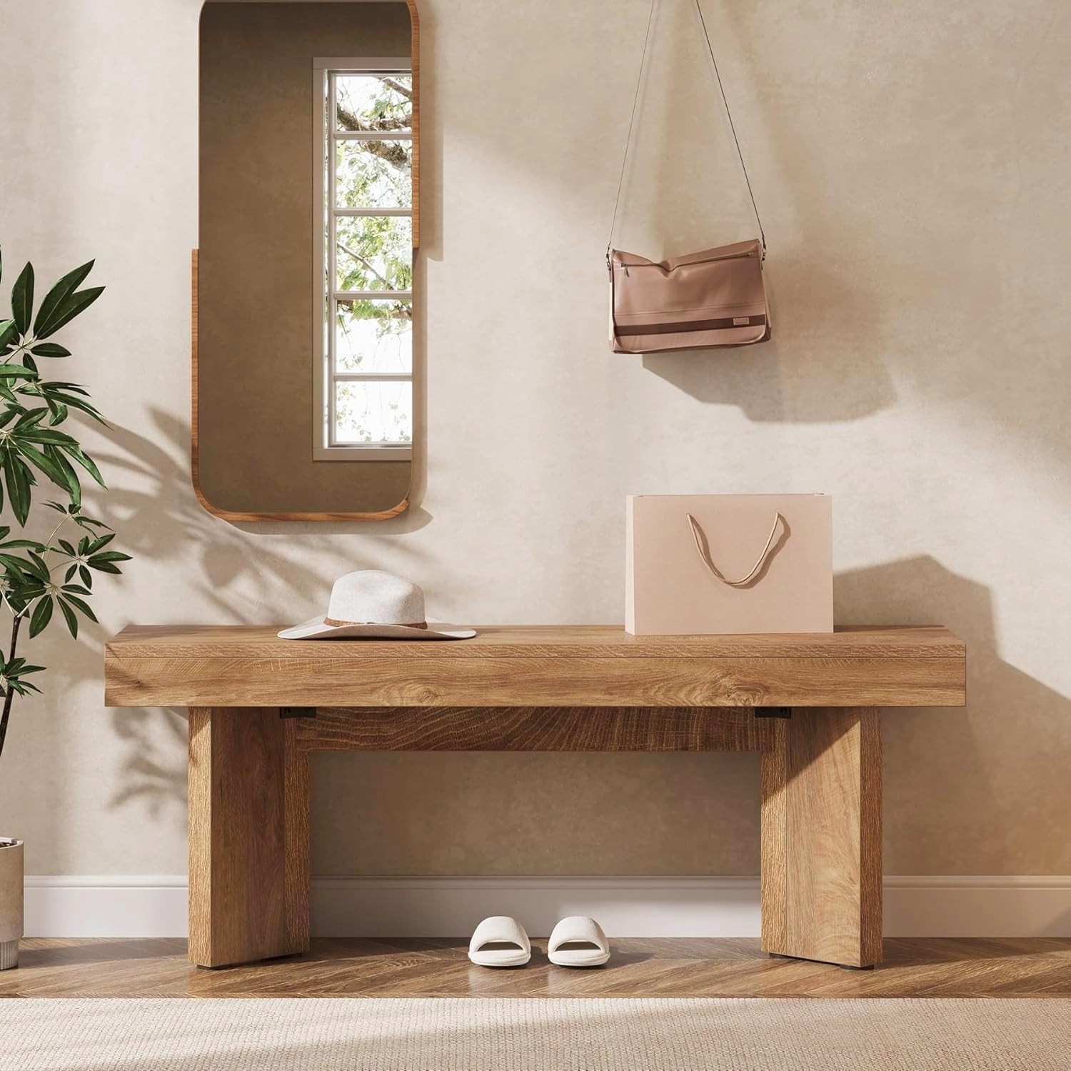 Wooden Entryway Bench, 47" Farmhouse Indoor End of Bed Bench Long Table Seat