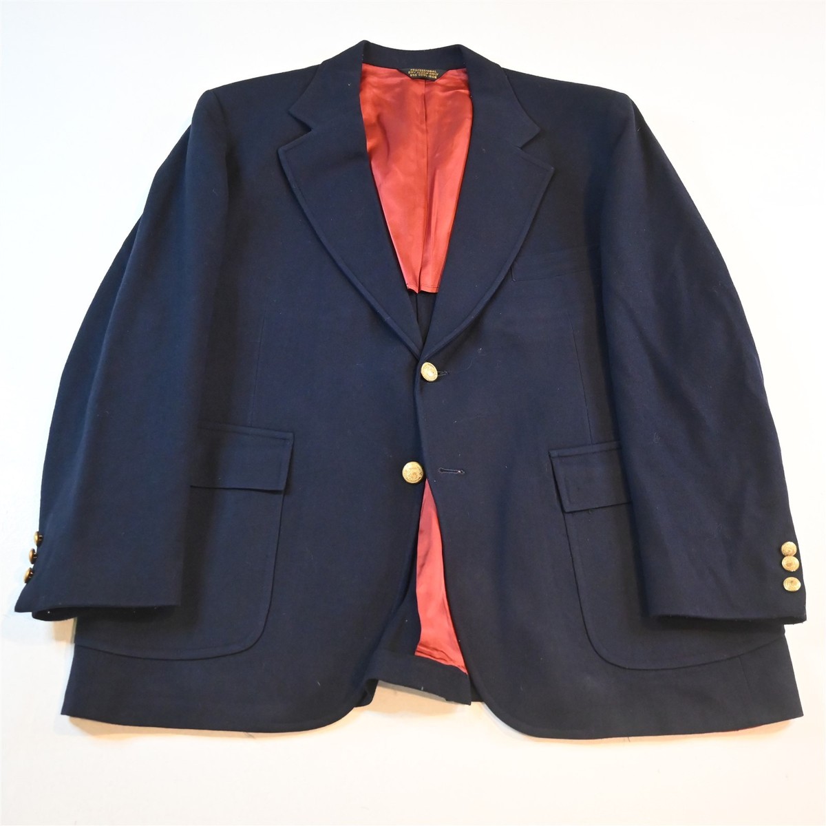 Vtg 48S Navy Blue Flannel Wool Gold Button Mens Blazer Suit Jacket
