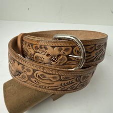 Vintage Hand Tooled Light Brown Leather Belt Buckle WESTERN Floral Size 42