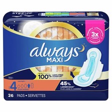 🔥(2) Always Maxi Pads Size 4 Overnight Absorbency Unscented with Wings 52 Count