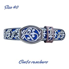 Belt Leather Cincelado Corte Laser Cowboy Guia Color Azul Cinto Ranchero Size 40