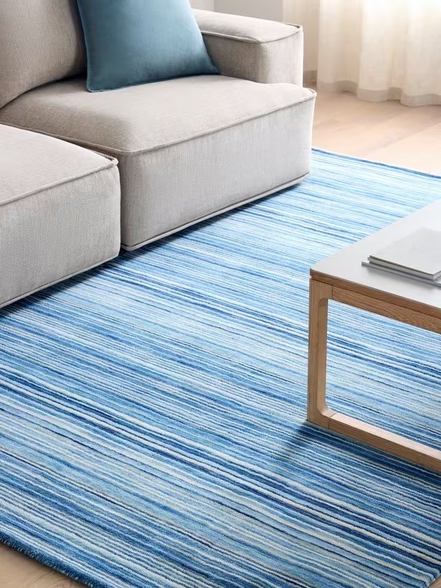 John Lewis Stria Stripe Hand Loomed Rectangle Wool Rug 240 x 170cm Blue {Marks}