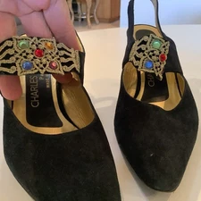 Charles Jourdan Paris Jeweled Black Suede Sling back Pumps 8.5M WOW