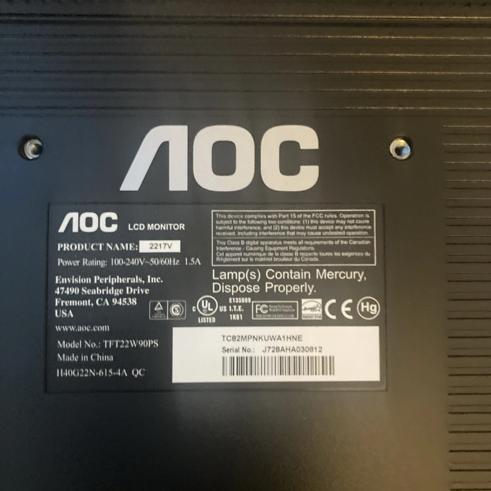 AOC 2217V 22” LCD Monitor (Read Description) - Image 3 of 4
