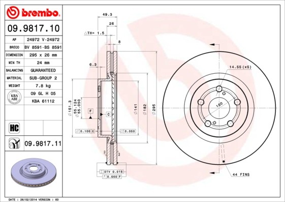 Disque de frein BREMBO 09.9817.11 train avant TOYOTA essence diesel