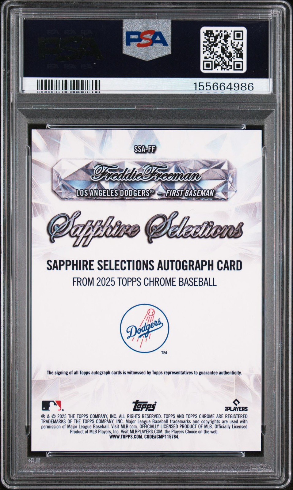 2025 TOPPS CHROME SAPPHIRE RED AUTO #FF FREDDIE FREEMAN 2/5 PSA 10 POP 1!!!!!!!! view 2