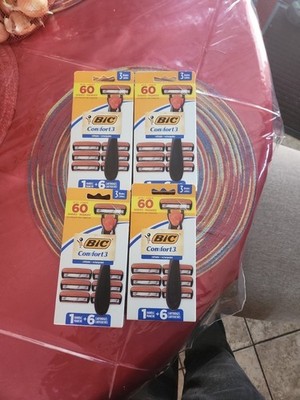 Lot of 4 BIC Comfort 3 Hybrid Men's Disposable 3 Blade Razor 1 Handle 6 Carts
