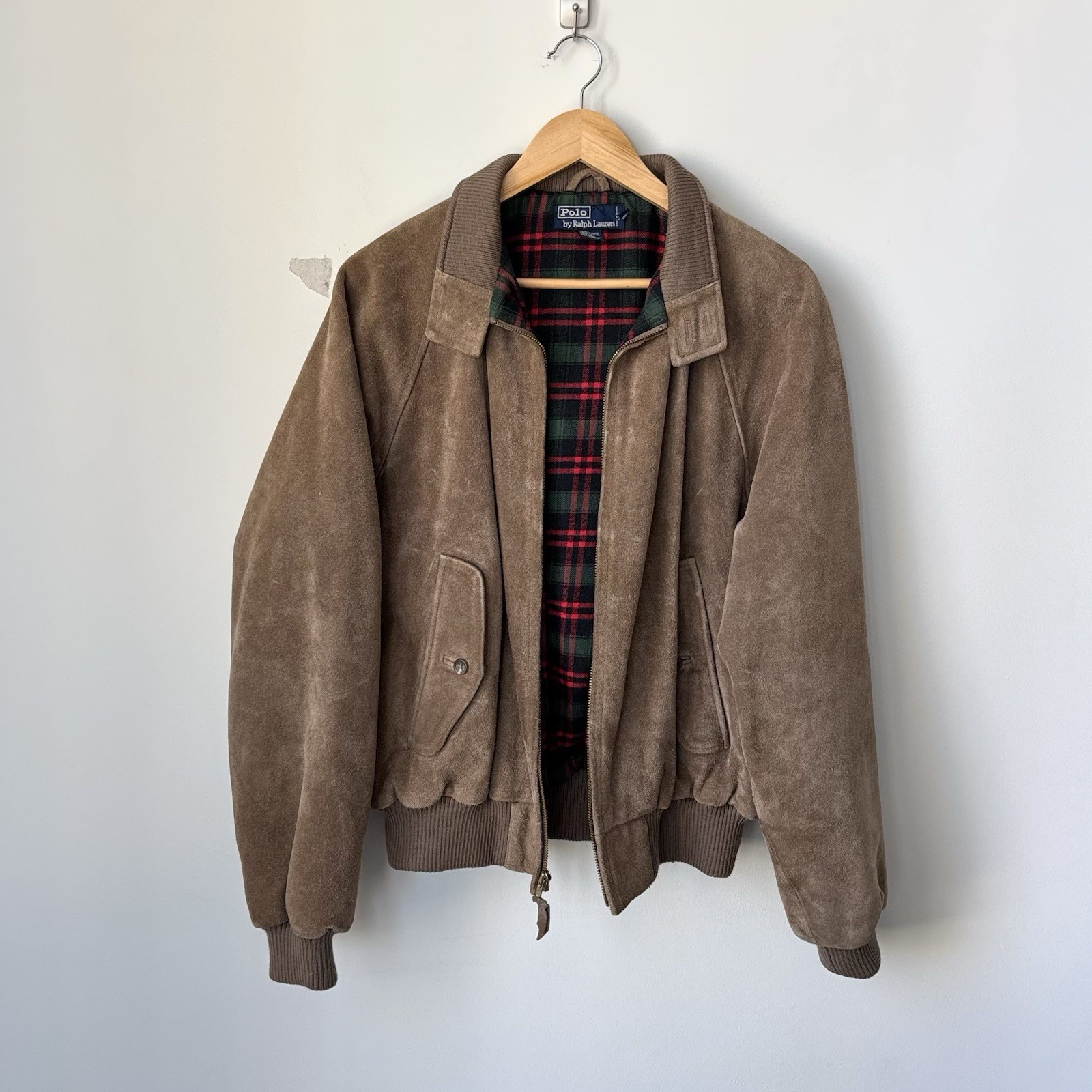 Vintage Polo Ralph Lauren 100% Suede Leather Bomber Jacket Men’s M Plaid Flannel