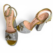 GUCCI Soko Bee Gold Glitter Platform Heels Size 38
