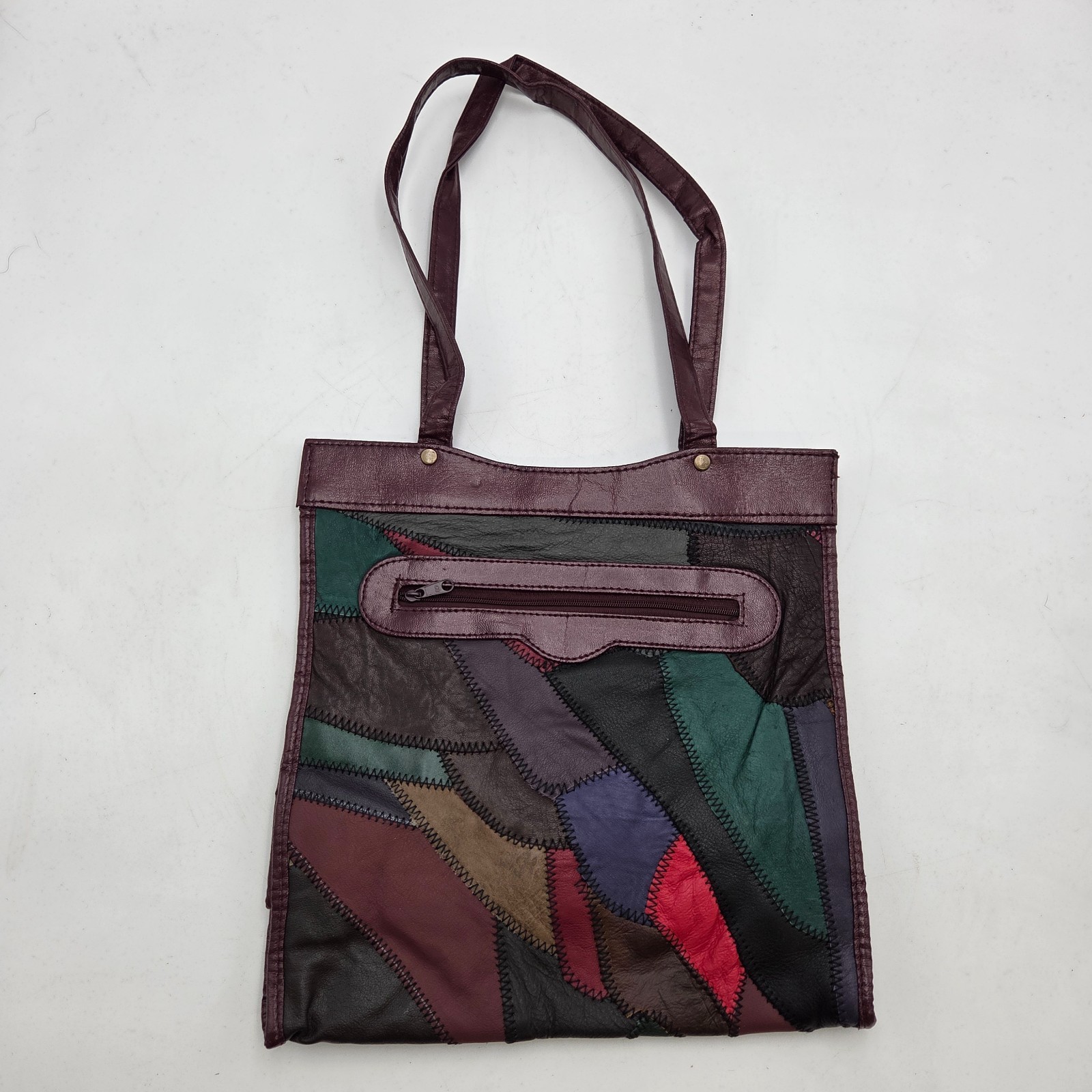 Patchwork Leather Tote Bag Multi Color Zigzag Sti… - image 3