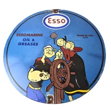 Vintage Esso Gasoline Sign - Popeye Marine Gas Service Display Ad Porcelain Sign