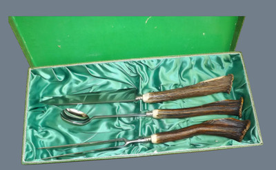 Superb 1940's Germany - Massive Elk Horn Handle 3 Piece Carving Set
