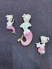Three Norcrest Mermaids With Harp, Mirror Wall Pockets Vintage Gold Tail Mermaid