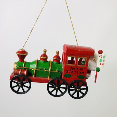 1980s Union Station Train Head Christmas Ornament Red Green Santa Claus ST Louis