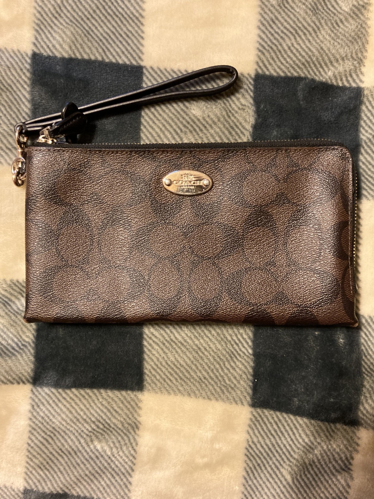 Coach Signature Canvas Double Zip Wristlet in Brown Black & Gold