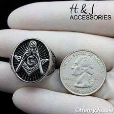 BIKER MEN Stainless Steel Silver/Black Plated MASONIC Master Mason Oval Ring 124