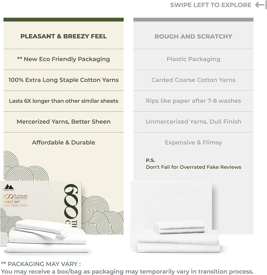 Luxury Egyptian Cotton Sheets Twin XL Size - 600 Thread Count 3 PC White Twin XL - Image 2 of 4