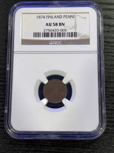 Finland 1 Penni 1874 AU 58 BN NGC copper Alexander II