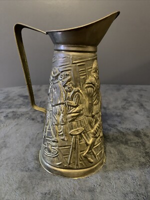 Vintage 3D Brass Colored Embossed Pub Scene Pitcher. 10.75  Tall