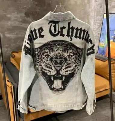 New Luxury Diamond Rhinestones Tiger Head Trendy Men Women Fashion Jeans Jacket
