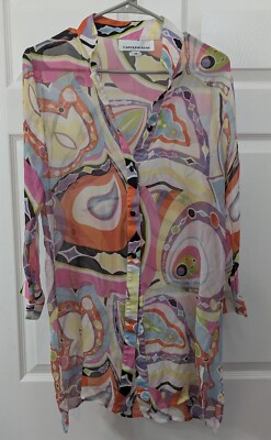 Caroline Rose Women's Multi-color Geometric Print 3/4 Sleeve Silk Blouse Size XS