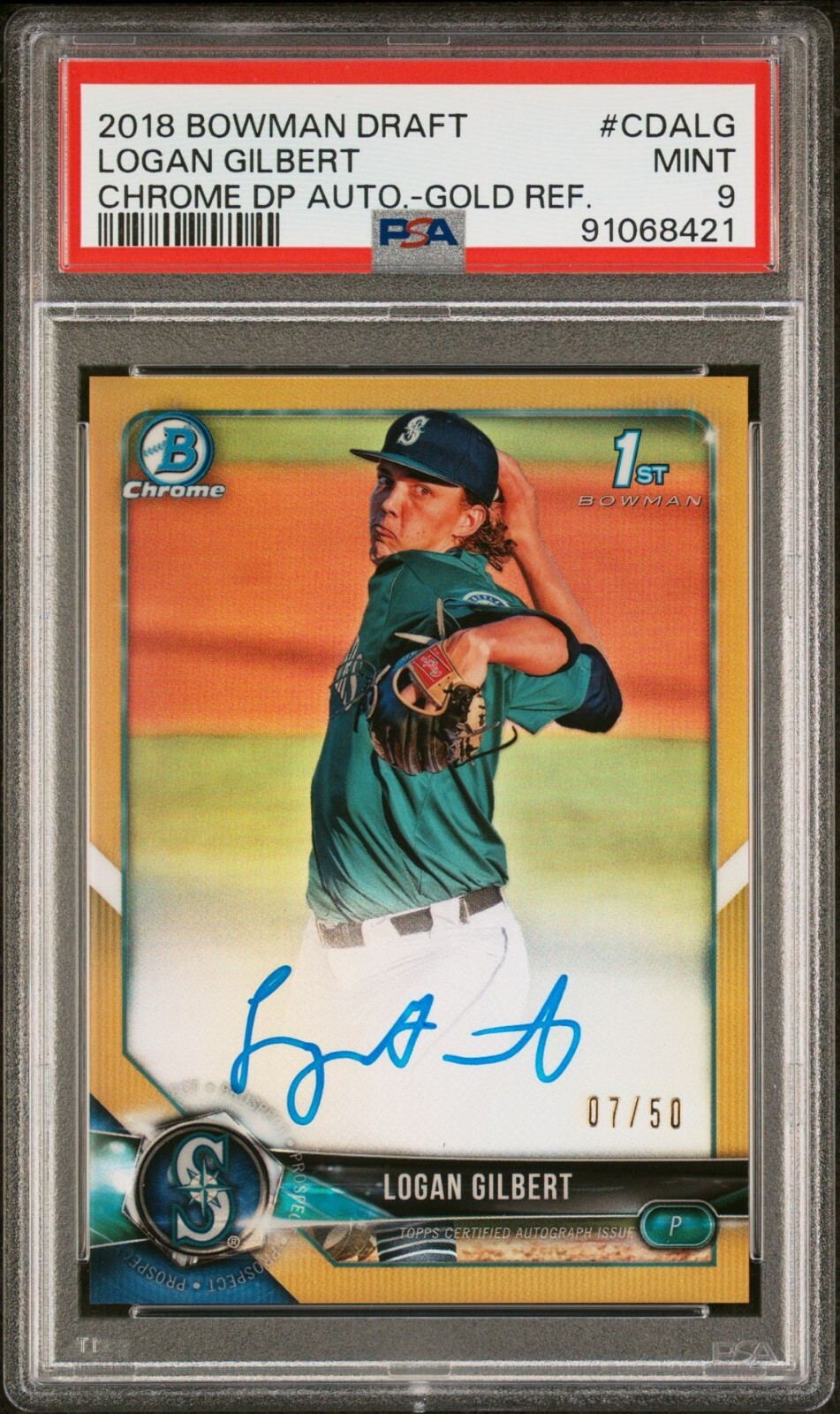 2018 Bowman Chrome Draft LOGAN GILBERT True Gold Auto #07/50 Mariners PSA 9