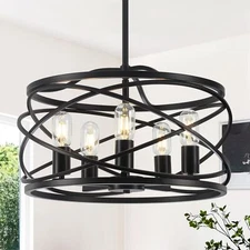 19.7'' Black Farmhouse Chandelier - 5-Light Industrial Drum Black Chandeliers...