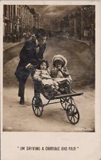RPPC Boy Pushing Children in Stroller "Driving Carriage" 1905 McCrum Photo