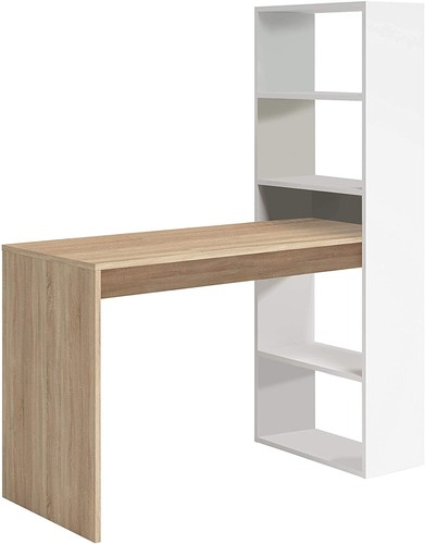Mesa de Ordenador, Escritorio con Estanteria Reversible, en Blanco Artik y Roble - Imagen 2 de 5