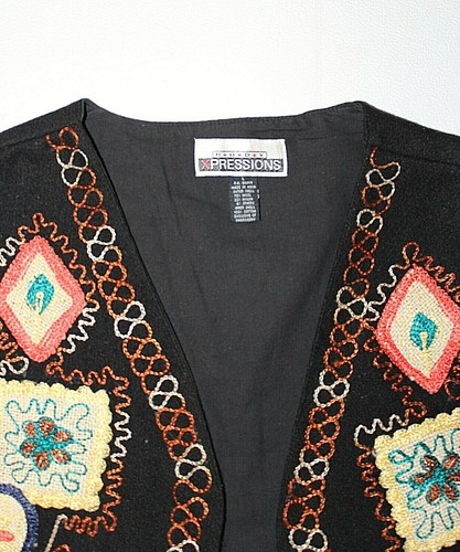 Body Xpressions Black Vest Embroidered Colorful Geometric Open Wool Blend L - Picture 5 of 5