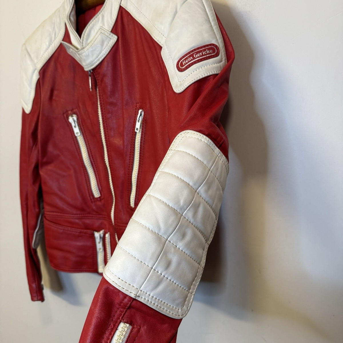 80s 90s Vintage Hein Gericke Leather Jacket,Red & White