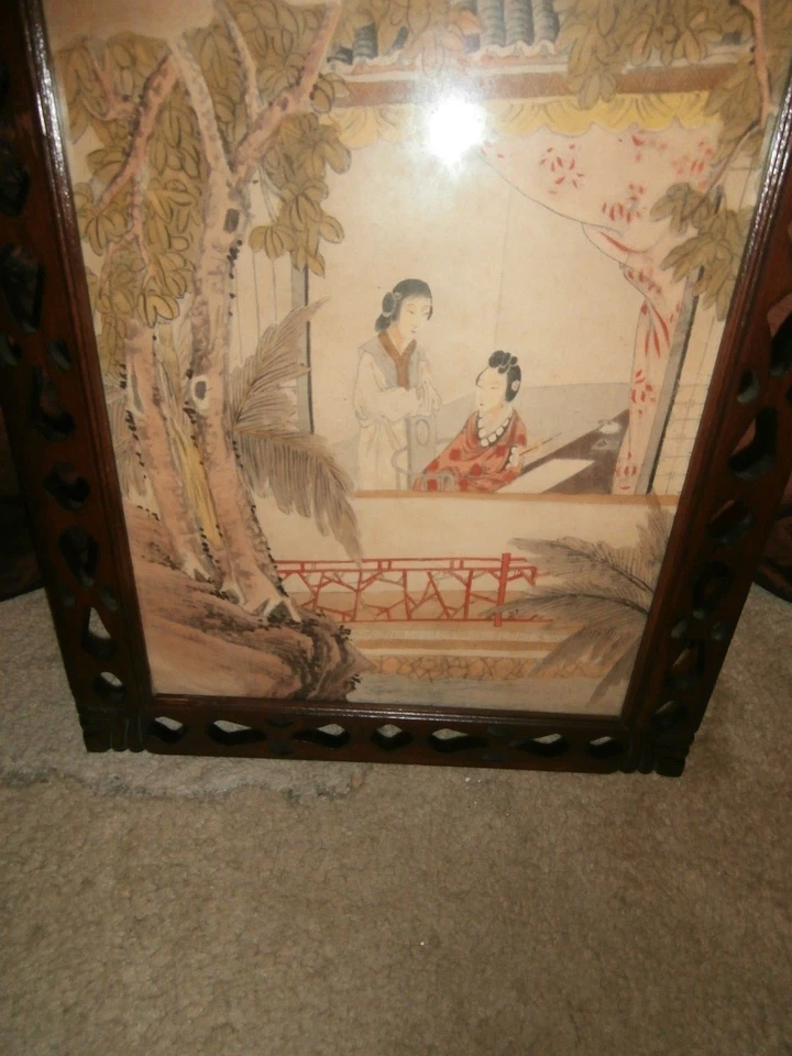 ANTIQUE CHINESE PAINTING ON PAPER PORTRAIT OF TWO WOMEN/S MOTHER DAUGHTER WOOD F - Image 3 of 4
