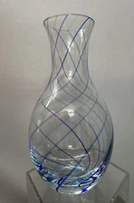 Studio Art Glass Hand Blown Clear Blue Swirl Flower Vase 5.25”
