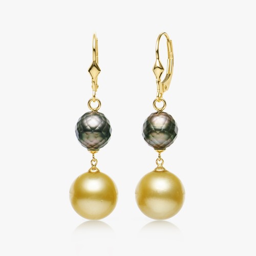 Double Faceted Tahitian Pearl&Gold South Sea Pearl Earrings 14Kt Yellow Gold - Picture 2 of 6