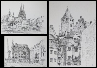 Kiran Mukerji: Regensburg (3 Tuschezeichnungen, signiert, um 1968)