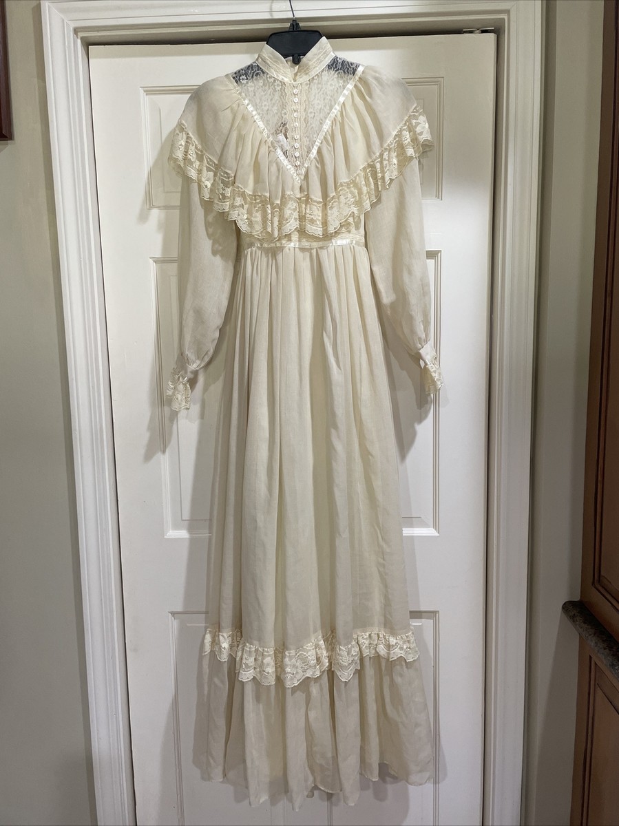 Gunne Sax Ivory Lace Puff Sleeve Boho Victorian Wedding Midi-Dress