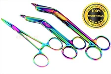 3 Multi Titanium Rainbow Color Lister Bandage Scissors 7.25"+5.5+Hemostat FORCEP