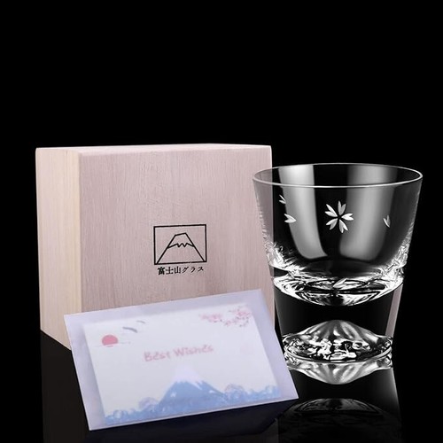 TAJIMAGLASS Edo Glass Mt. Fuji Sakura Kiriko Rock Glass in Wooden Box NEW JAPAN - Picture 2 of 6