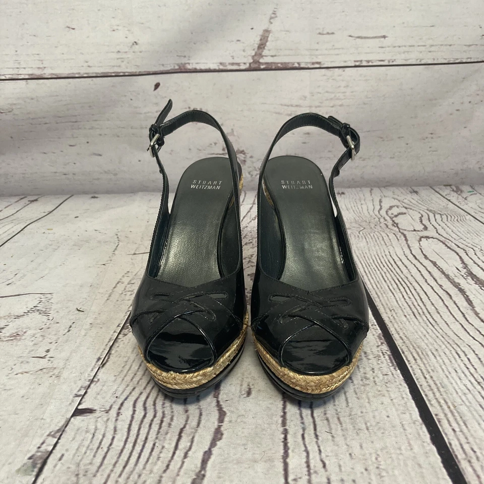 STUART WEITZMAN Wedge Womens 7.5M Black Patent Leather Dolunch Shoes - Image 2 of 4