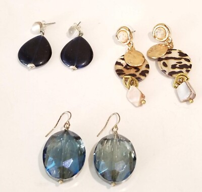 **Lot 3 Glass Cat's Eye Animal Print MOP AB Crystal Dangle Earrings**