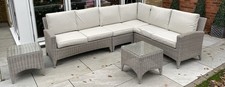 Kensington Rattan Corner Garden Sofa - Natural Weave Pale Grey Cushions 2 Stools