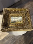 Oil painting depicting coastal scene w/sail boats in ornate gilt frame 15” x 13” — photo 2
