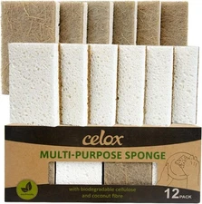 CELOX 12 Pack Coconut Fiber Biodegradable Sponges, Non Scratch Kitchen Brown 