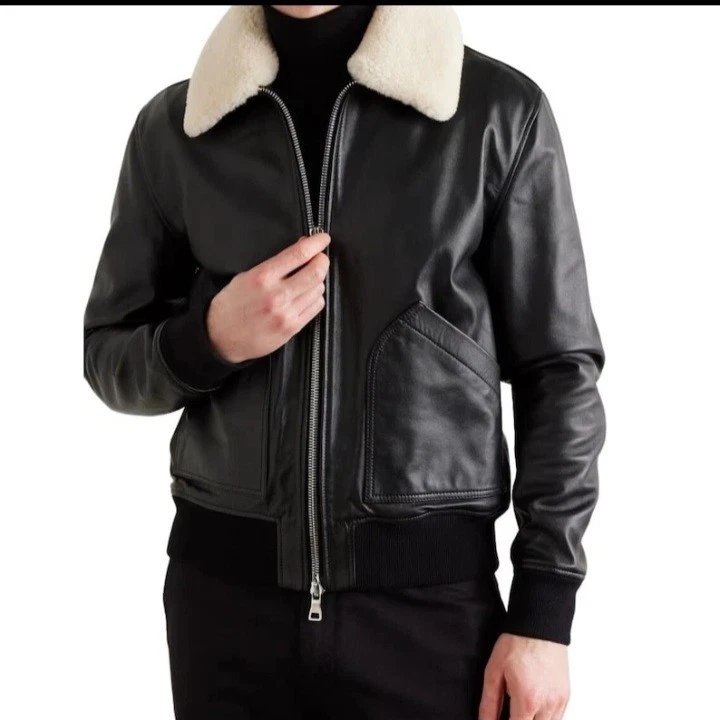 Men's Real Leather Bomber Jacket Black with Shearling Collar | Winter Coat Warm