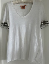 Tory Burch 100% Cotton White Top, Silver Sequin Short Sleeve Trim SZ M