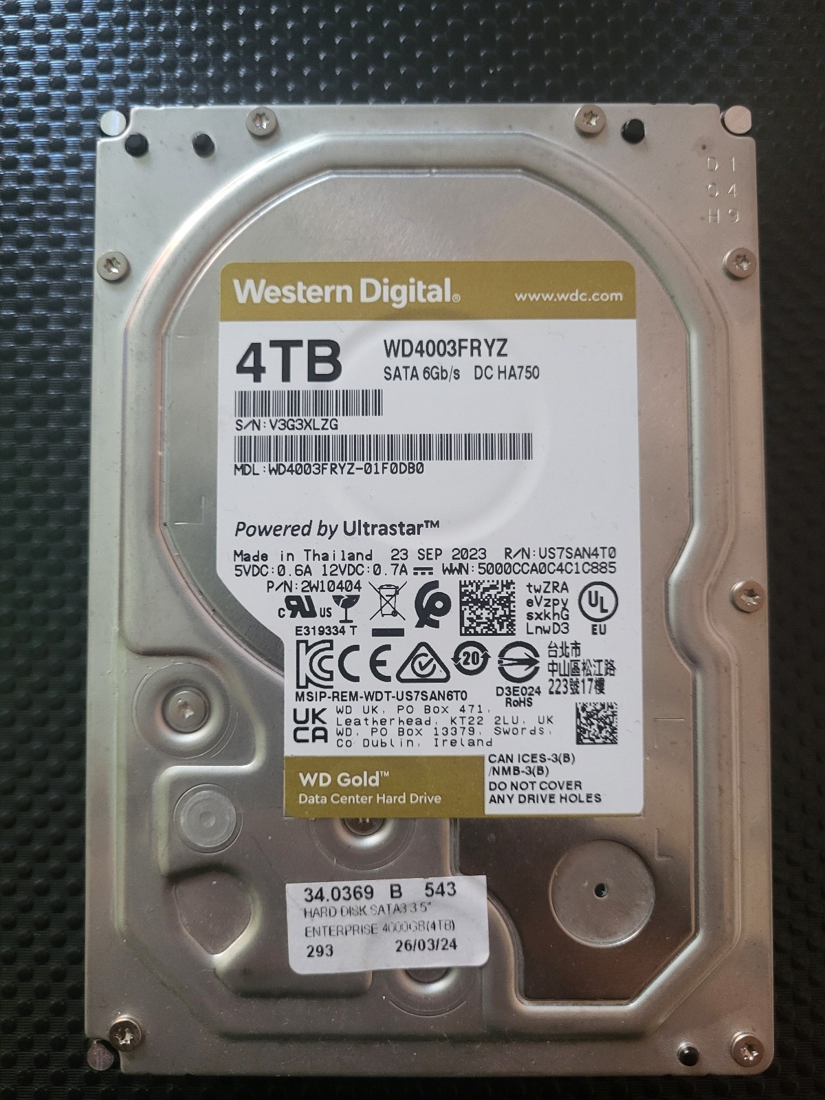 WD Gold 4TB WD4003FRYZ HDD Enterprise SATA 3.5" 7200RPM - 51 ore - SMART OK
