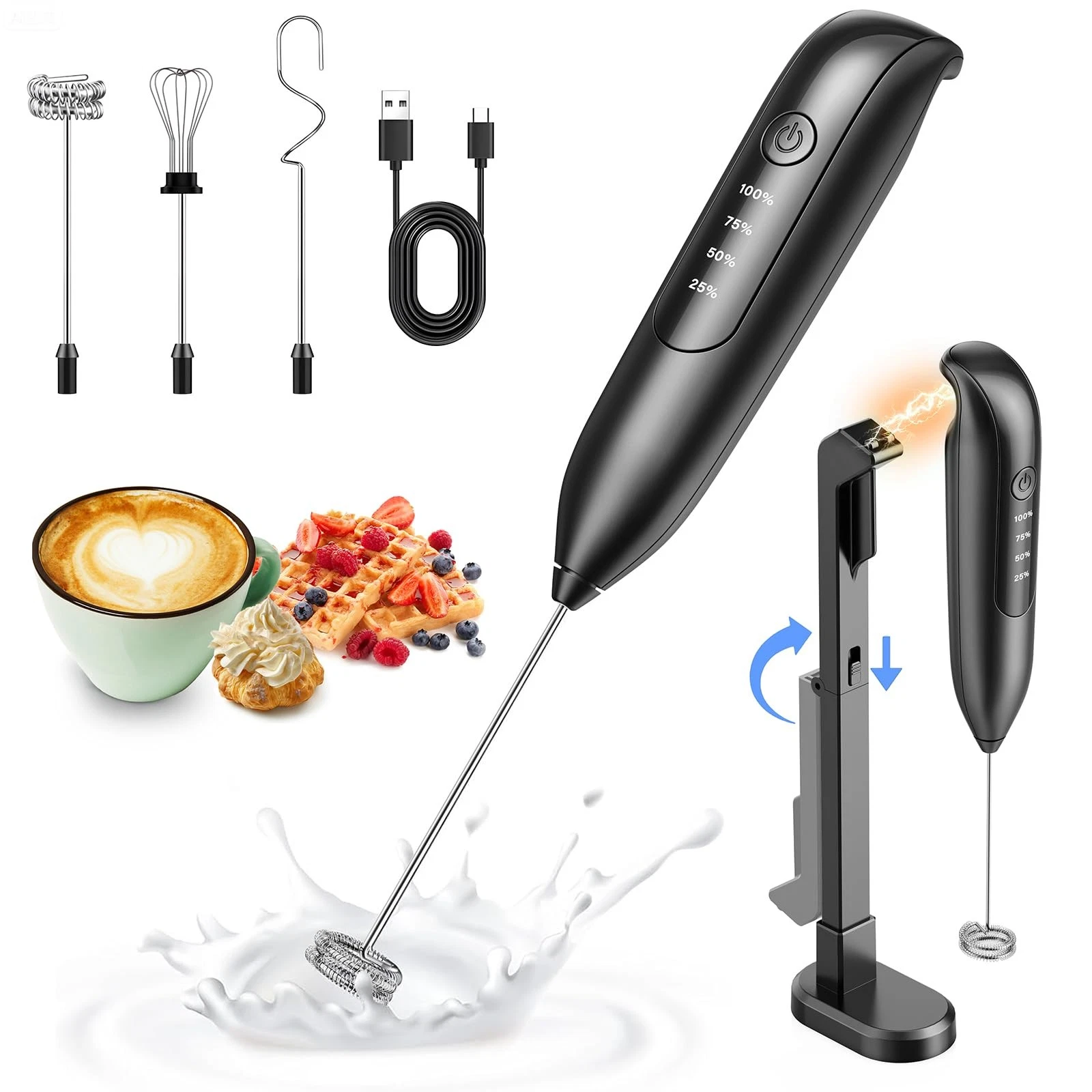 Dynooper Electric Milk Frother Handheld: coffee frother Bright black