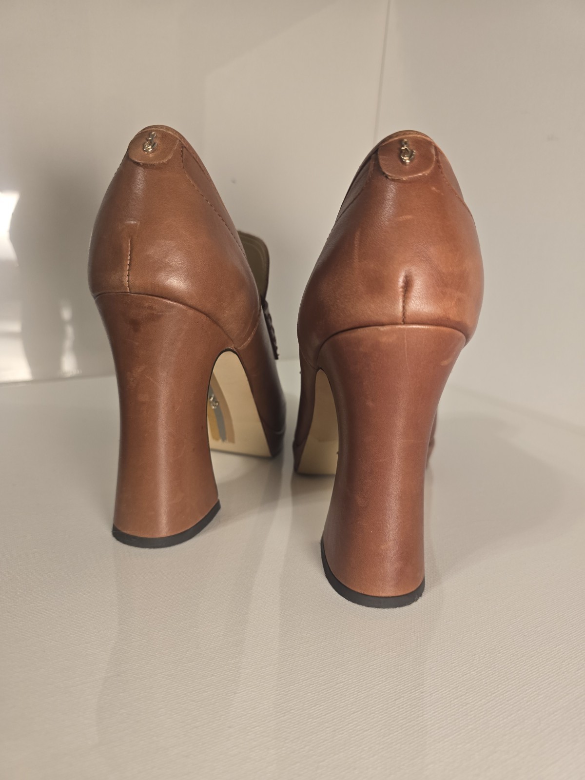 Brown Solid Leather Square Toe Block Heel Slip On… - image 3